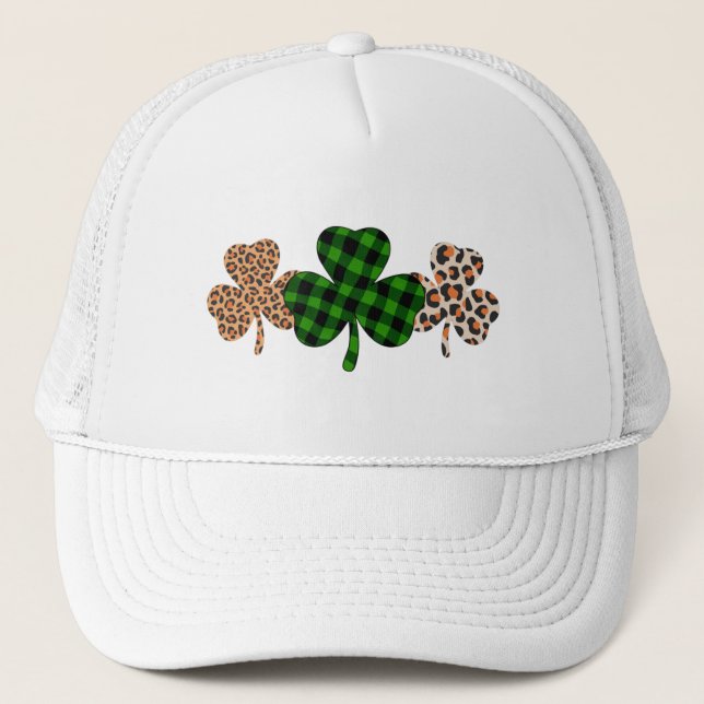 St Patricks Day Lucky Irish Green Plaid Shamrock  Trucker Hat (Front)