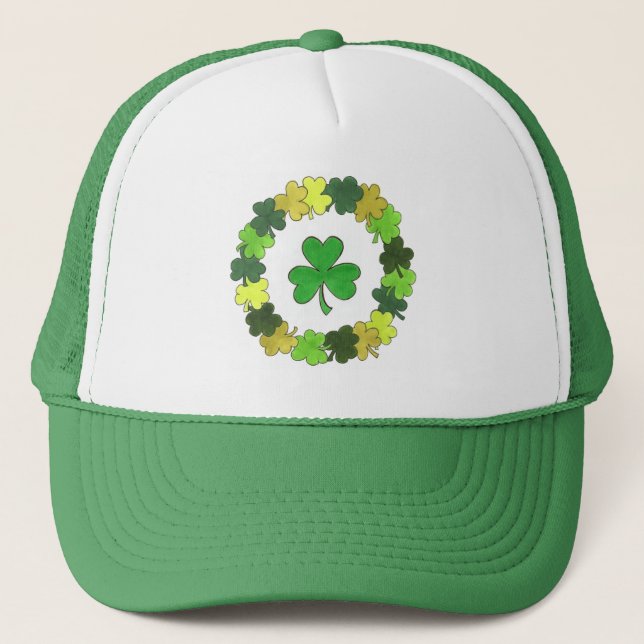 St. Patrick's Day Lucky Irish Green Shamrock Trucker Hat (Front)