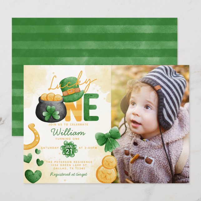 St Patricks Day Lucky ONE 1st Birthday Invitation (Front/Back)