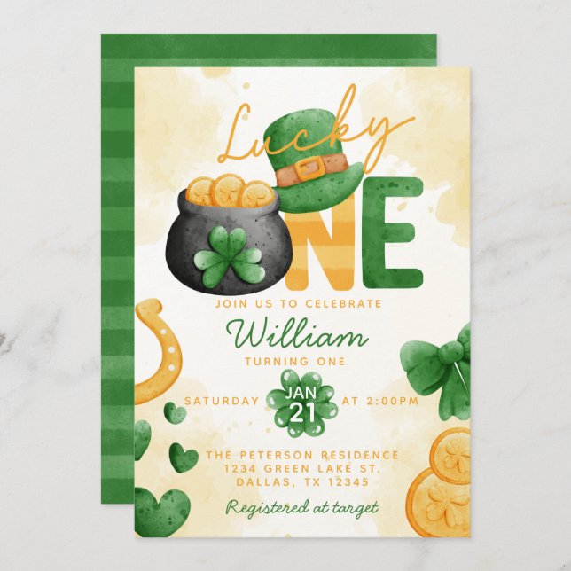 St Patricks Day Lucky ONE 1st Birthday Invitation (Front/Back)