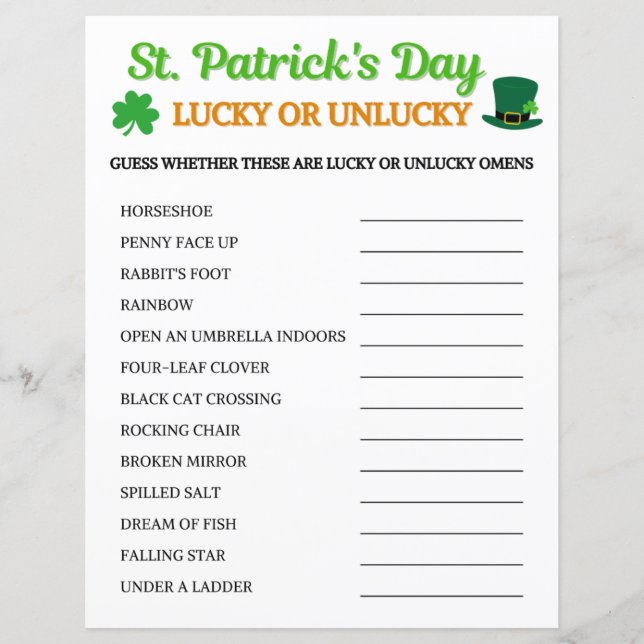 St. Patrick's Day Lucky Or Unlucky Game (Front)
