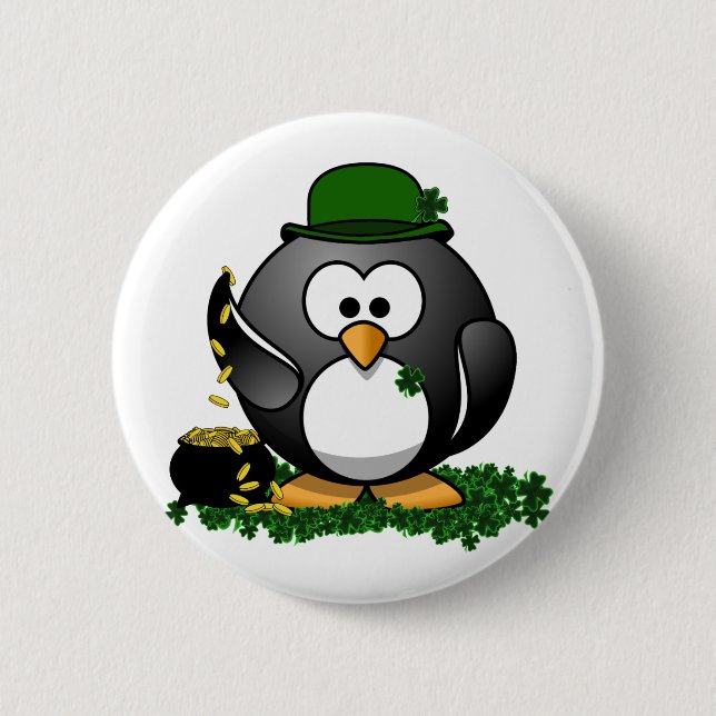 St. Patrick's Day Lucky Penguin with Pot Of Gold 6 Cm Round Badge (Front)