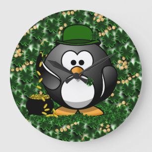 St. Patrick's Day Lucky Penguin with Pot Of Gold Large Clock