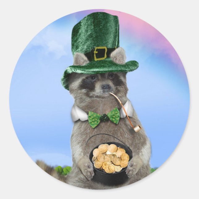 St Patrick's Day - Lucky Racoon Classic Round Sticker (Front)