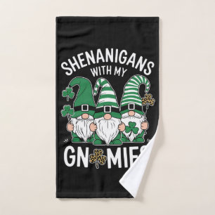 St Patricks Day Lucky Shamrock Leopard Gnomes  Hand Towel