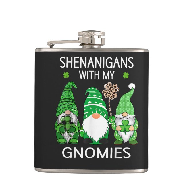 St Patricks Day Lucky Shamrock Leopard Gnomes  Hip Flask (Front)