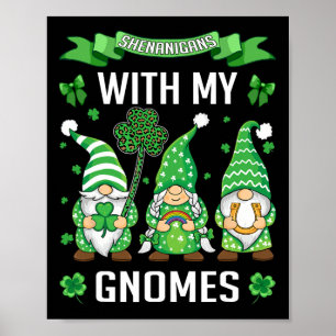 St Patricks Day Lucky Shamrock Leopard Gnomes Iris Poster
