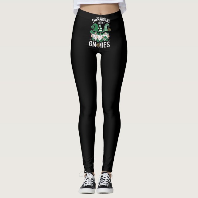 St Patricks Day Lucky Shamrock Leopard Gnomes  Leggings (Front)