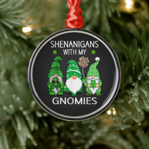 St Patricks Day Lucky Shamrock Leopard Gnomes Metal Ornament