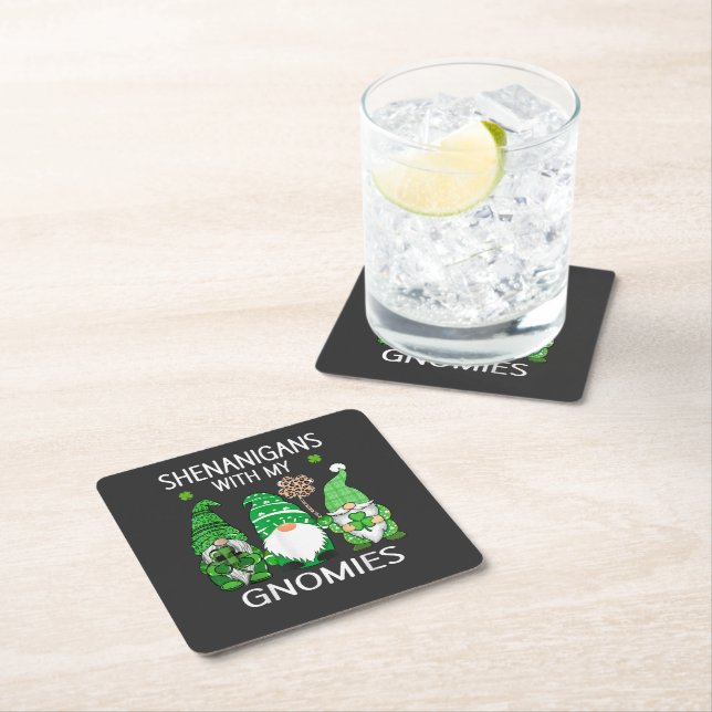 St Patricks Day Lucky Shamrock Leopard Gnomes  Square Paper Coaster (Insitu)