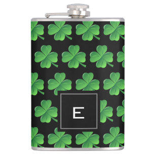 St Patricks Day Lucky Shamrock Pattern Monogram Hip Flask