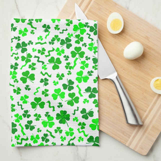 St Patrick's Day Lucky Shamrocks Confetti Pattern Tea Towel (Quarter Fold)
