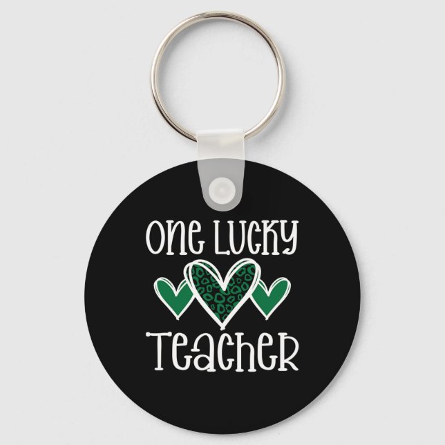 St. Patricks Day Lucky Teacher Leopard Print Heart Key Ring (Front)