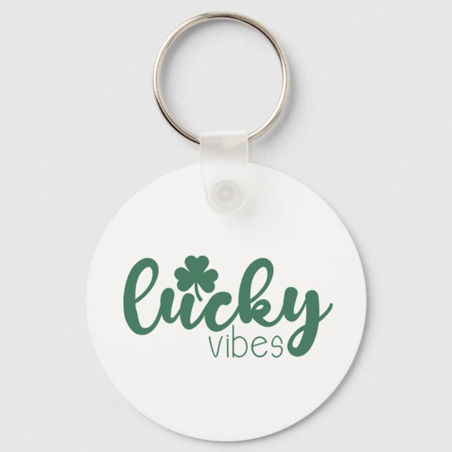 St. Patrick's Day Lucky Vibes with Green Clover Key Ring (Front)