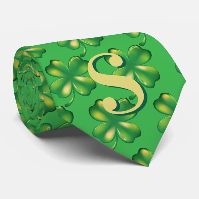 St. Patrick's Day Men's Monogram Green Shamrock Tie (Rolled)
