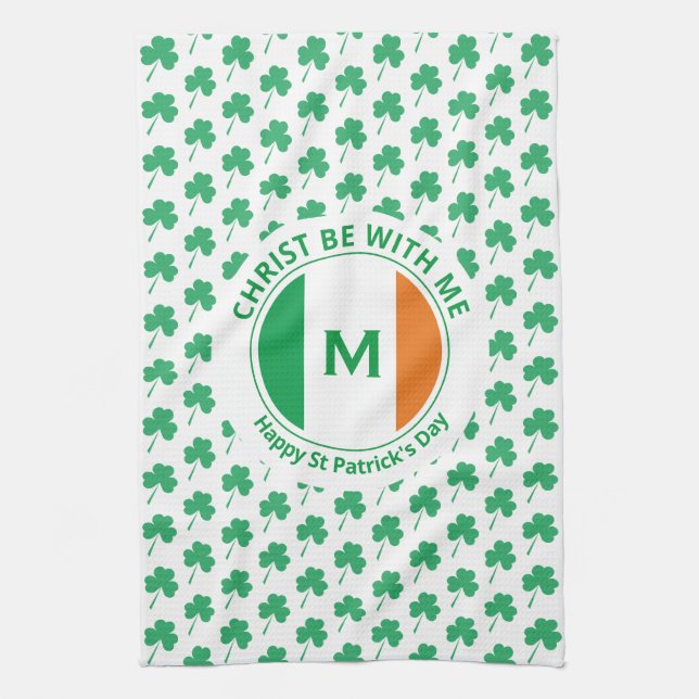 St Patricks Day Monogram Name Shamrock Tea Towel (Vertical)
