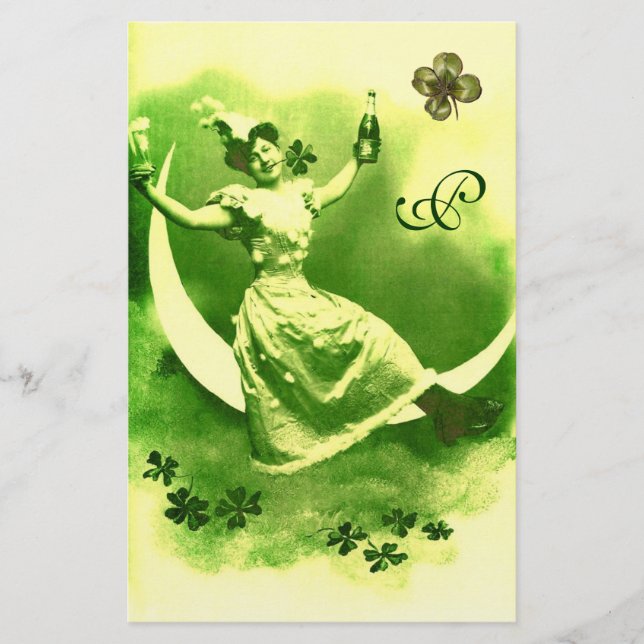 ST PATRICK'S DAY MOON LADY WITH SHAMROCKS MONOGRAM STATIONERY (Front)