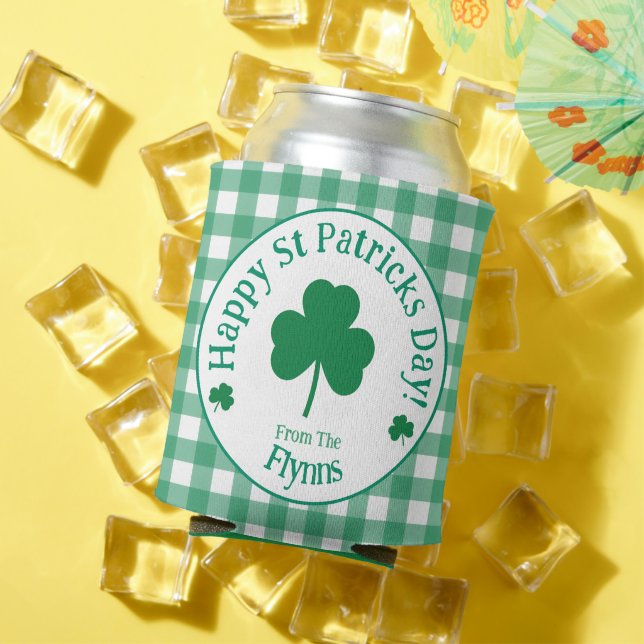 St Patricks Day NAME Irish Clover Green Check Can Cooler (In Situ Summer)