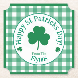 St Patricks Day NAME Irish Clover Green Check Paper Coaster