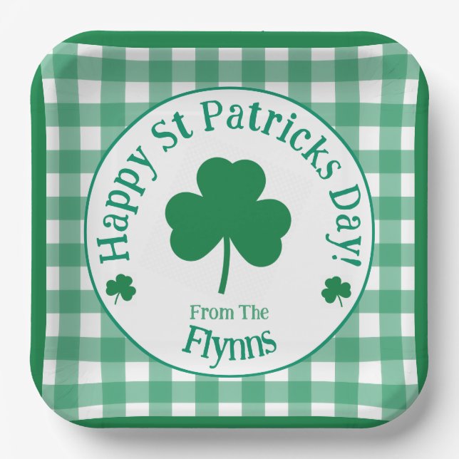 St Patricks Day NAME Irish Clover Green Check Paper Plate (Front)