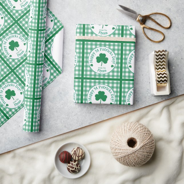 St Patricks Day NAME Irish Clover Green Check Wrapping Paper (Crafts)