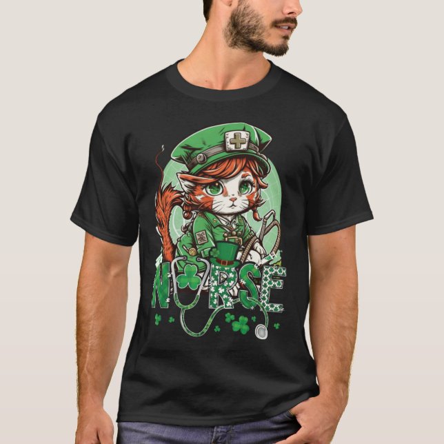 St Patricks Day Nurse Cat Leprechaun Lucky Green P T-Shirt (Front)