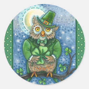 ST. PATRICK'S DAY OWL, 4 LEAF CLOVER LEPRECHAUN CLASSIC ROUND STICKER