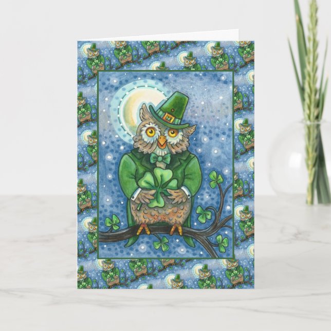 ST. PATRICK'S DAY OWL, 4 LEAF CLOVER LEPRECHAUN HOLIDAY CARD (Front)