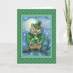 ST. PATRICK'S DAY OWL, 4 LEAF CLOVER LEPRECHAUN HOLIDAY CARD