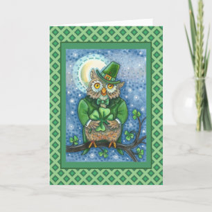 ST. PATRICK'S DAY OWL, 4 LEAF CLOVER LEPRECHAUN HOLIDAY CARD