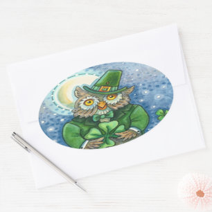 ST. PATRICK'S DAY OWL, 4 LEAF CLOVER LEPRECHAUN OVAL STICKER