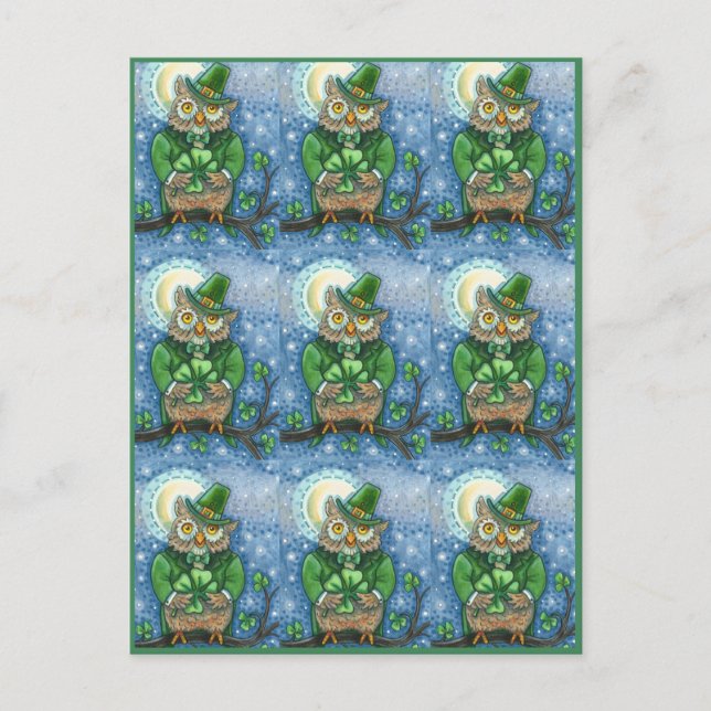ST. PATRICK'S DAY OWL, 4 LEAF CLOVER LEPRECHAUN POSTCARD (Front)