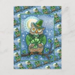 ST. PATRICK'S DAY OWL, 4 LEAF CLOVER LEPRECHAUN POSTCARD