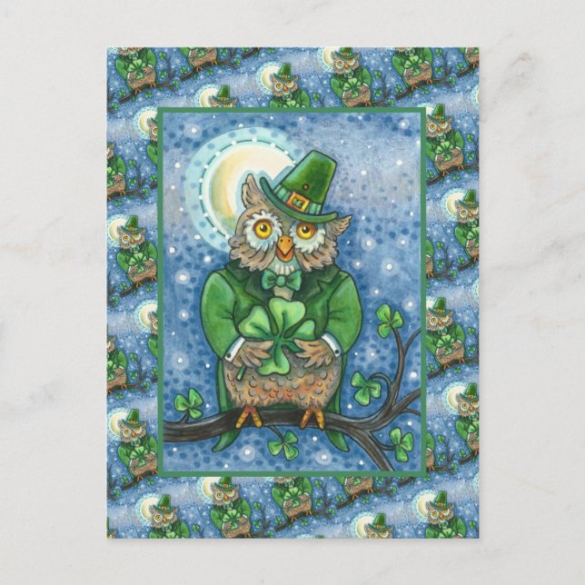 ST. PATRICK'S DAY OWL, 4 LEAF CLOVER LEPRECHAUN POSTCARD (Front)