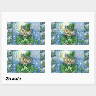 ST. PATRICK'S DAY OWL, 4 LEAF CLOVER LEPRECHAUN RECTANGULAR STICKER