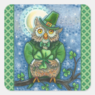 ST. PATRICK'S DAY OWL, 4 LEAF CLOVER LEPRECHAUN SQUARE STICKER