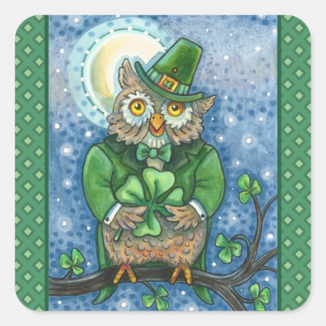 ST. PATRICK'S DAY OWL, 4 LEAF CLOVER LEPRECHAUN SQUARE STICKER (Front)