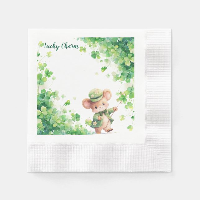 St. Patrick's Day Paper Napkin with Charming Mouse (Front)