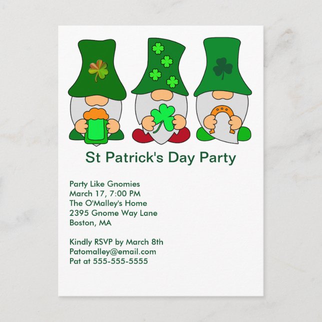 St Patricks Day Party Gnomies Invitation Postcard (Front)