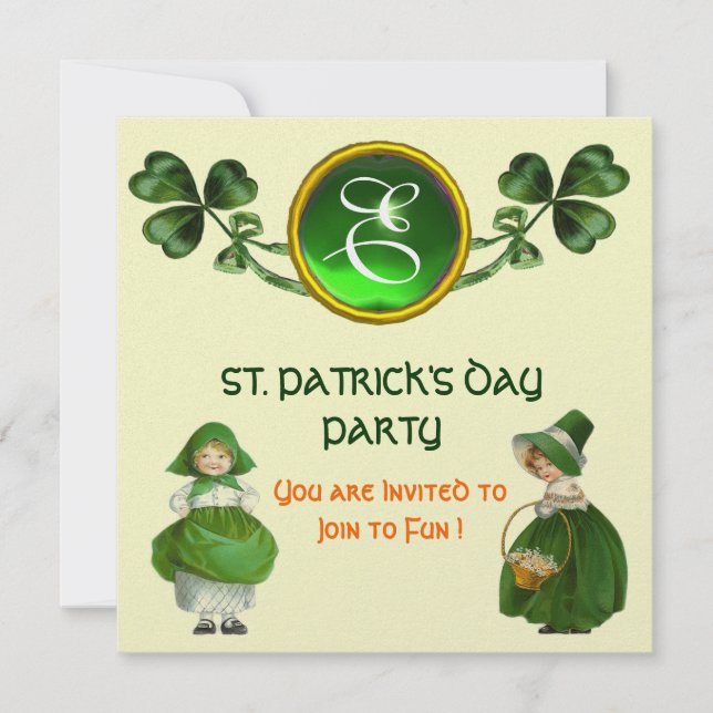 ST. PATRICK'S DAY PARTY GREEN EMERALD MONOGRAM INVITATION (Front)