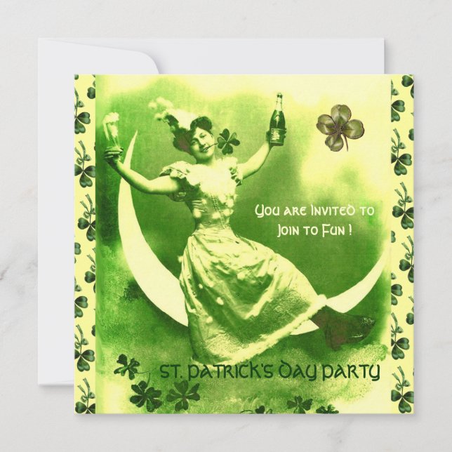 ST.PATRICK'S DAY PARTY MOON LADY WITH SHAMROCKS INVITATION (Front)