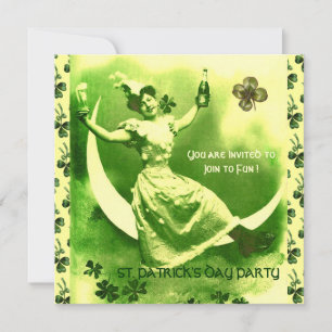 ST.PATRICK'S DAY PARTY MOON LADY WITH SHAMROCKS INVITATION