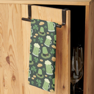 St Patricks Day Pattern Dark Green Cheers Shamrock Tea Towel
