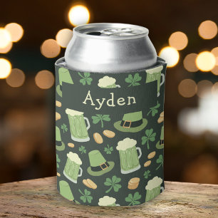 St Patricks Day Pattern Sláinte Funny Green Name Can Cooler