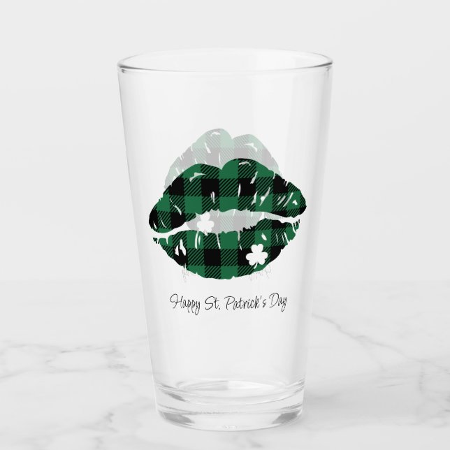 St. Patrick's Day Plaid Lips Glass (Front)