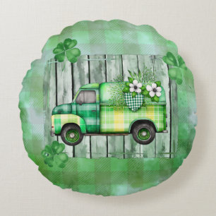 St. Patrick's Day Plaid Vintage Truck Round Cushion