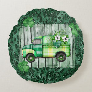 St. Patrick's Day Plaid Vintage Truck Round Cushion