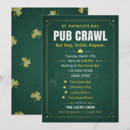 St Patrick's Day Pub Crawl Itinerary Vintage Green Invitation