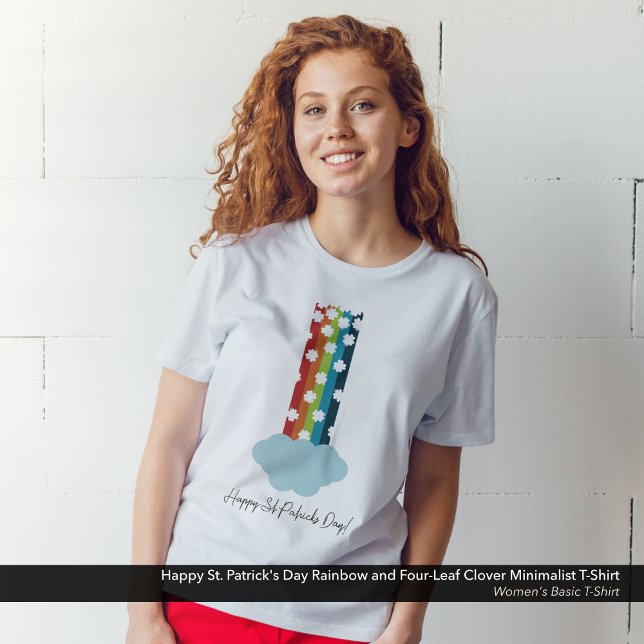 St. Patrick's Day Rainbow 4-Leaf Clover Minimalist T-Shirt (Happy St. Patrick's Day T-Shirt with a Minimalist Rainbow and Four-Leaf Clover Design.)