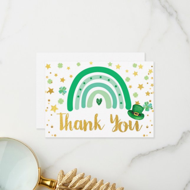 St Patrick's Day Rainbow Green Gold White Thank You Card (Front/Back In Situ)